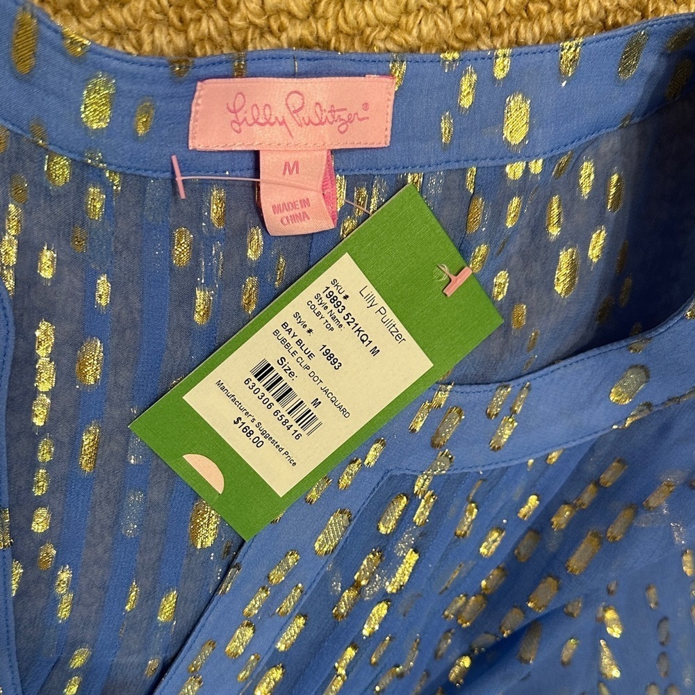 Lilly Pulitzer Blue Gold Metallic Silk Blouse Top- Size M- NWT - Picture 2 of 8